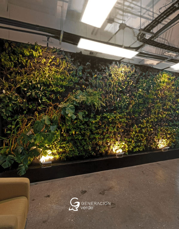 Jardín vertical en oficina cálida